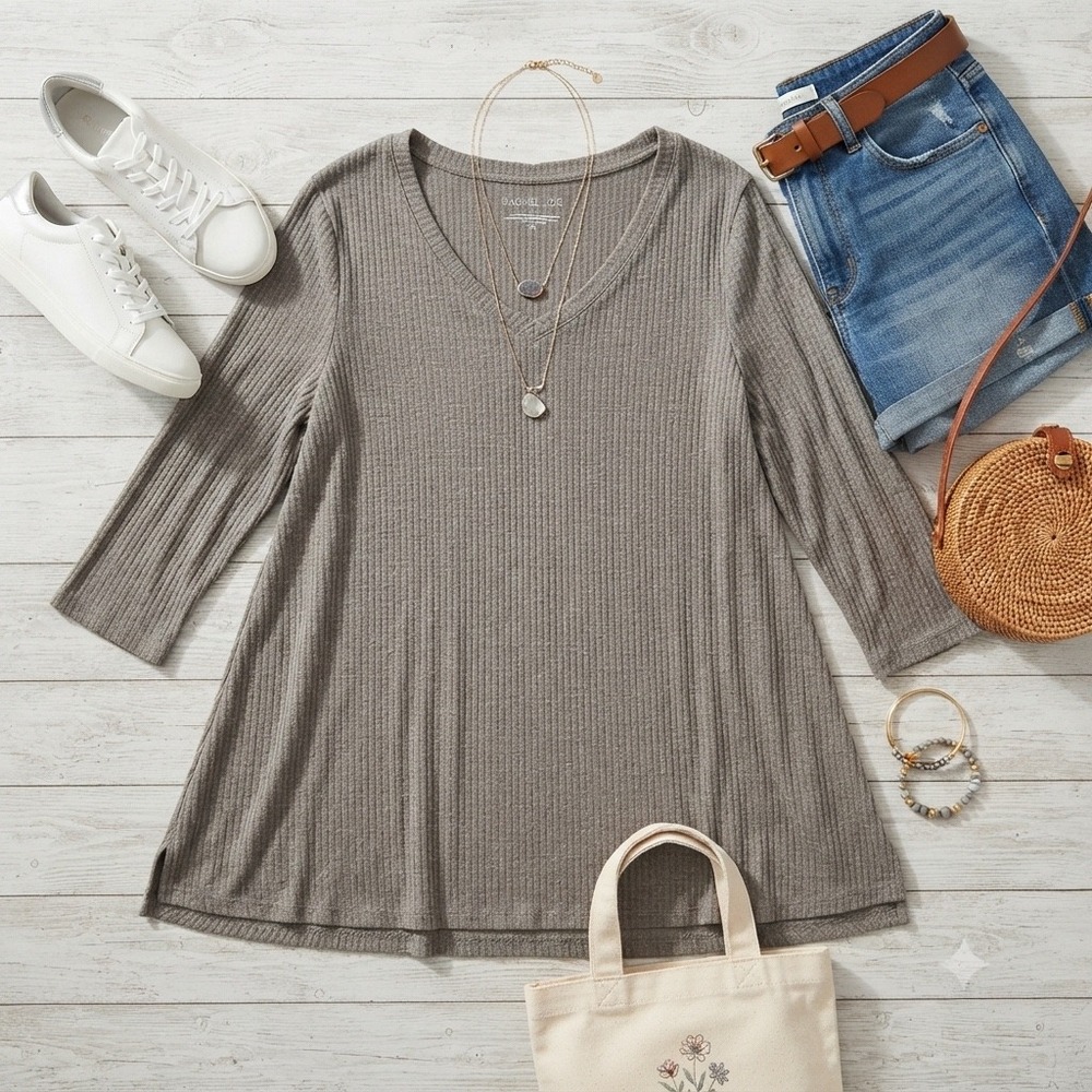 Rachel Zoe Womens Ribbed V-Neck Tunic Top Gray 3/4 Sleeve Plus Size 1X
